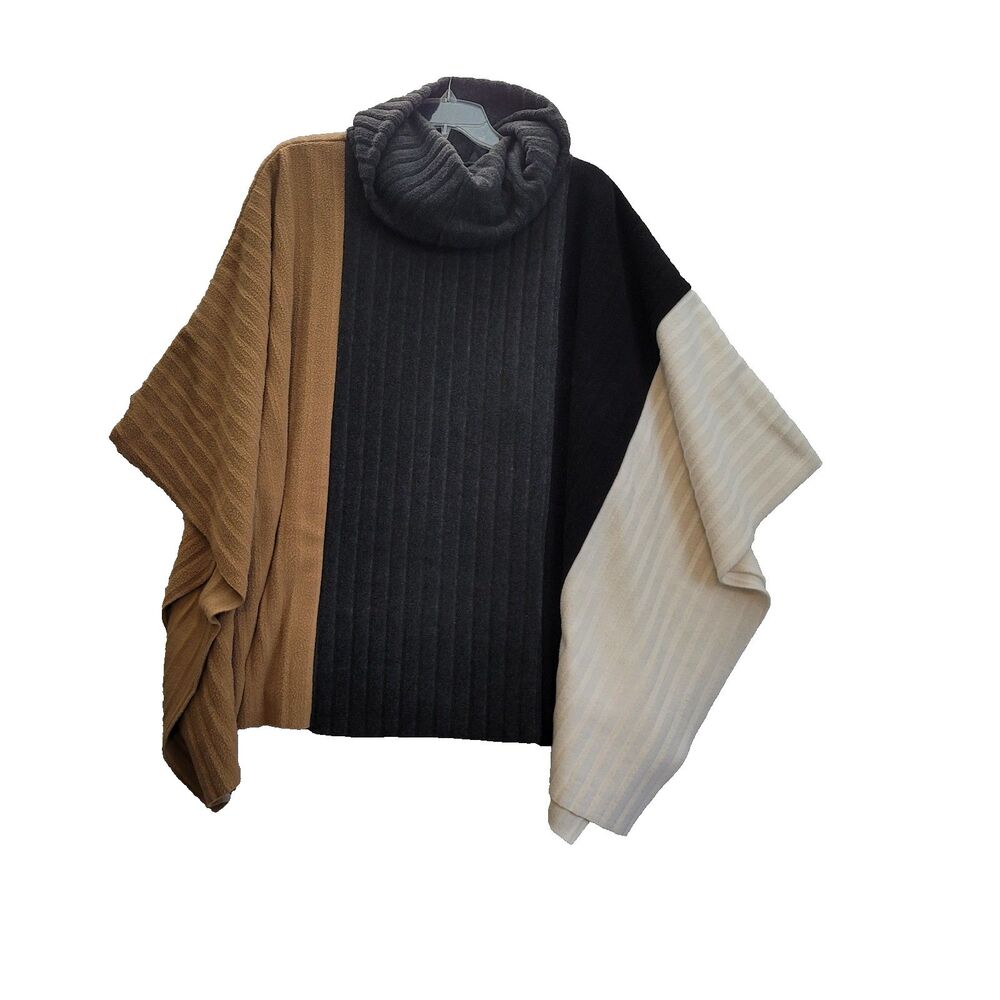 La Moda Cape Poncho One Size Color Block Roll Collar Versatile Warm Cozy Travel
